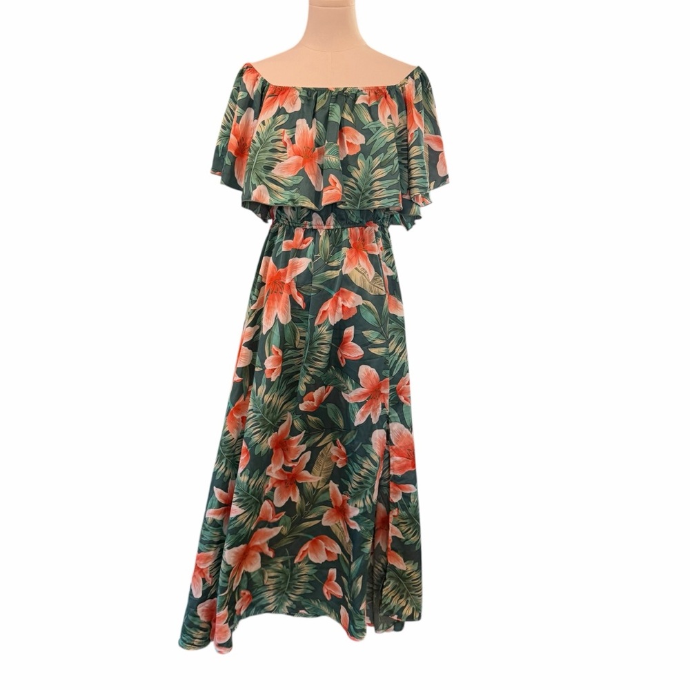 Cupshe Tropical Floral Maxi Dress Green Orange Ruffle Off Shoulder Large Boho - Picture 1 of 15